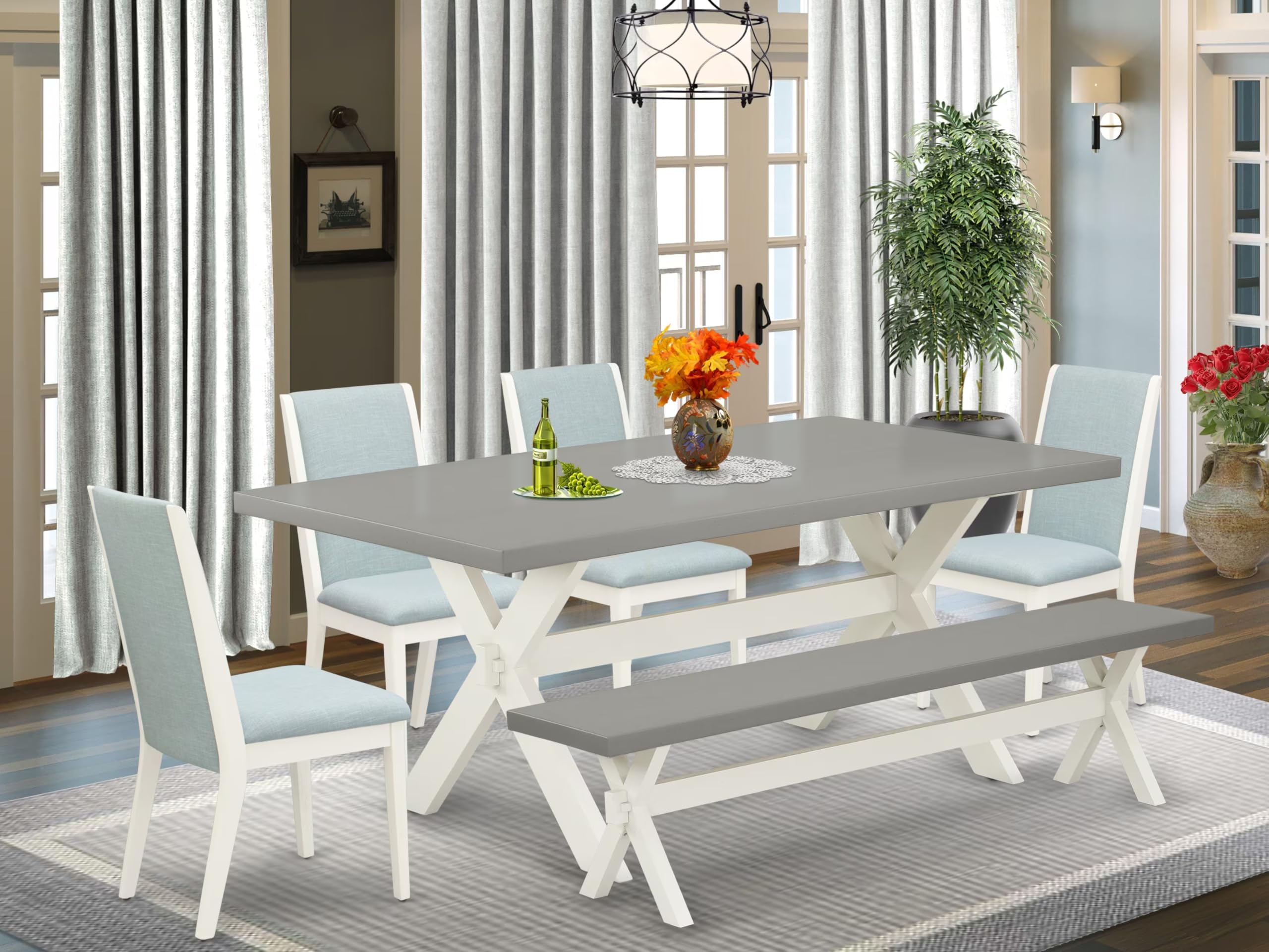 East West Furniture X097La015-6 6 Piece Kitchen Table Set Contains A Rectangle Dining Table With X-Legs And 4 Baby Blue Linen Fabric Parson Chairs With A Bench, 40X72 Inch, Multi-Color
